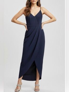 Show po V-Neck Navy Spaghetti-Strap Draped Maxi Dress SZ 6 fitted zipper NWT